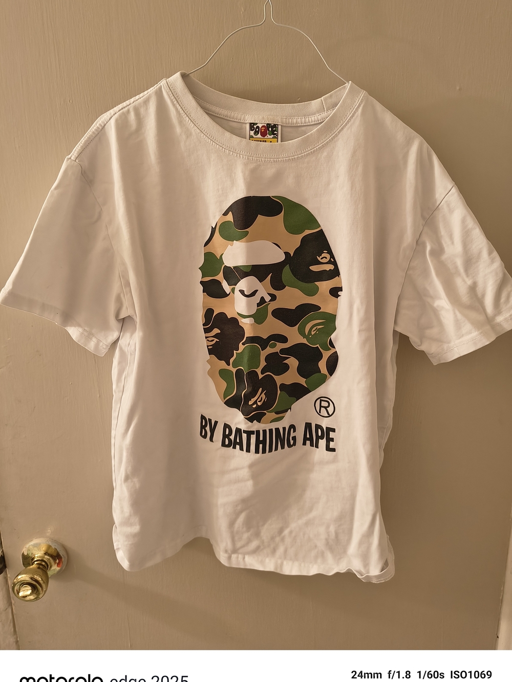 Bape White Tee with Green & Brown Camo Ape Head